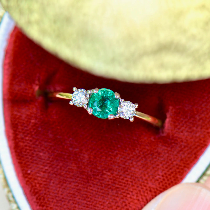 Emerald and Diamond 18ct Yellow Gold Trilogy Engagement Ring (0.56ct)
