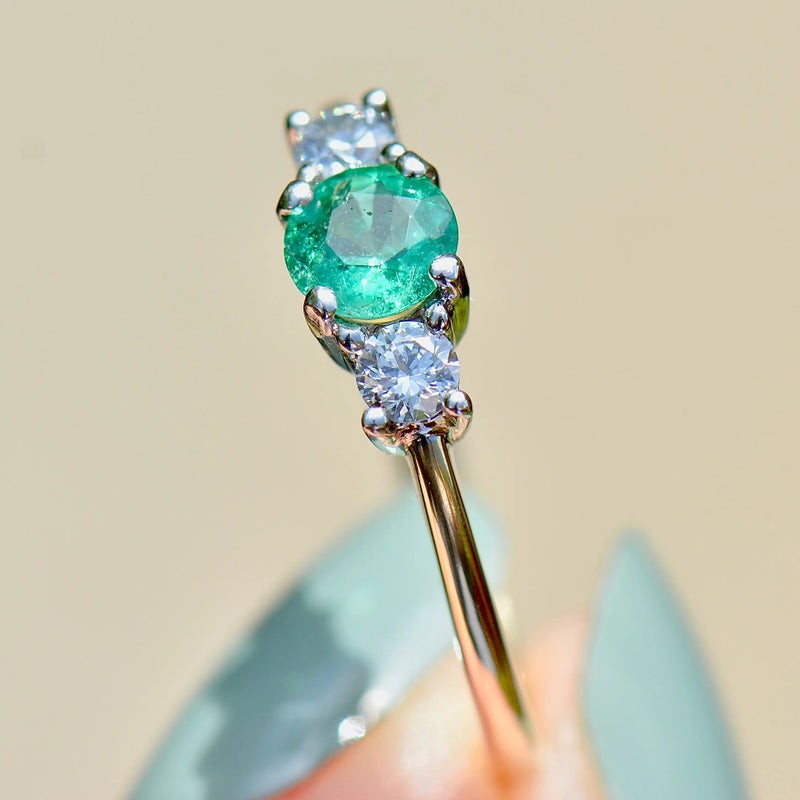 Emerald and Diamond 18ct Yellow Gold Trilogy Engagement Ring (0.56ct)