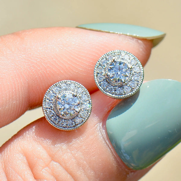 18ct White Gold 0.50ct Diamond Halo Stud Earrings with Milgrain Detail
