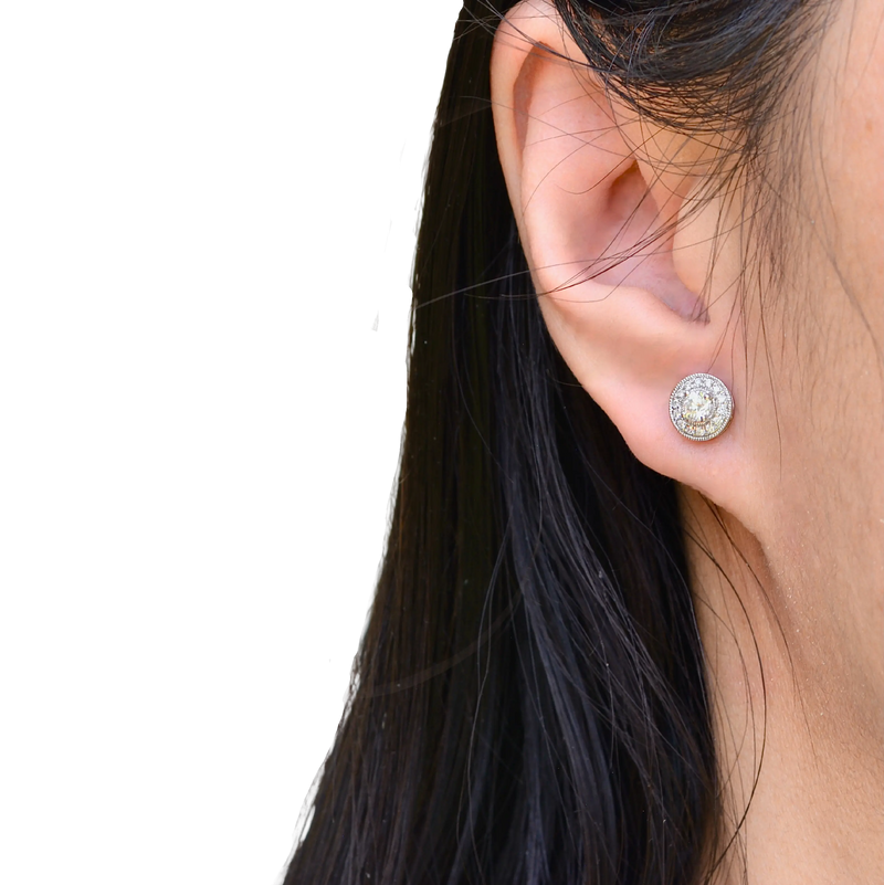 18ct White Gold 0.50ct Diamond Halo Stud Earrings with Milgrain Detail