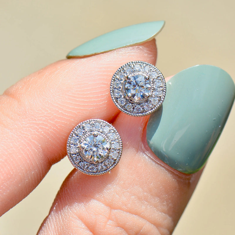 18ct White Gold 0.50ct Diamond Halo Stud Earrings with Milgrain Detail