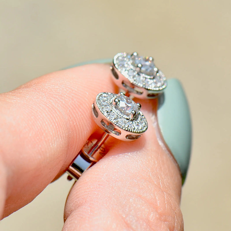 18ct White Gold 0.50ct Diamond Halo Stud Earrings with Milgrain Detail