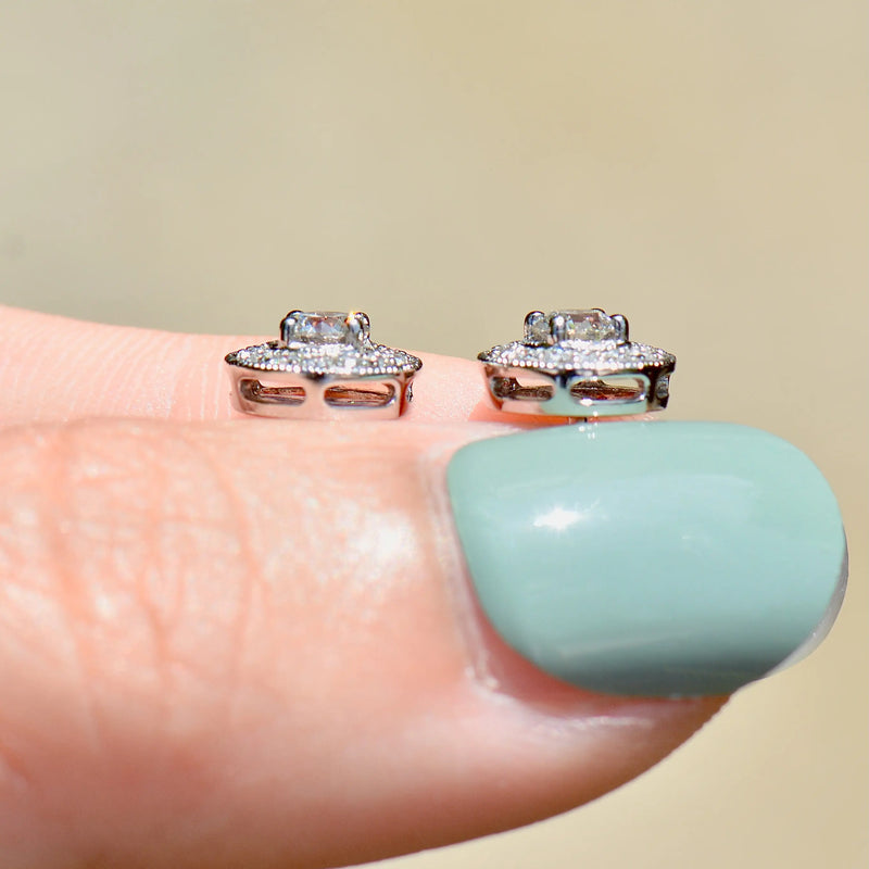 18ct White Gold 0.50ct Diamond Halo Stud Earrings with Milgrain Detail