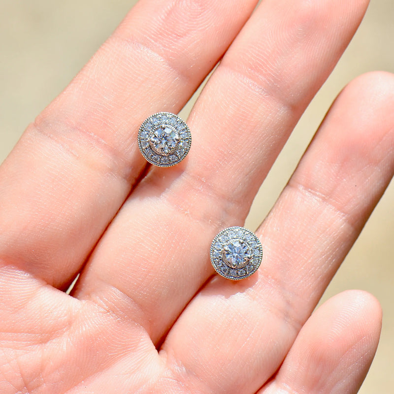 18ct White Gold 0.50ct Diamond Halo Stud Earrings with Milgrain Detail