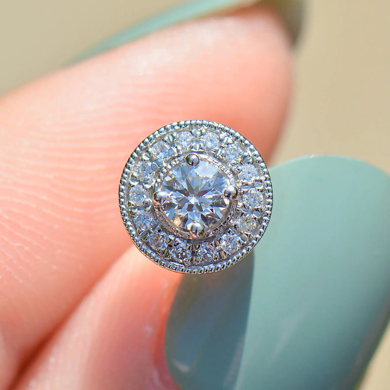 18ct White Gold 0.50ct Diamond Halo Stud Earrings with Milgrain Detail