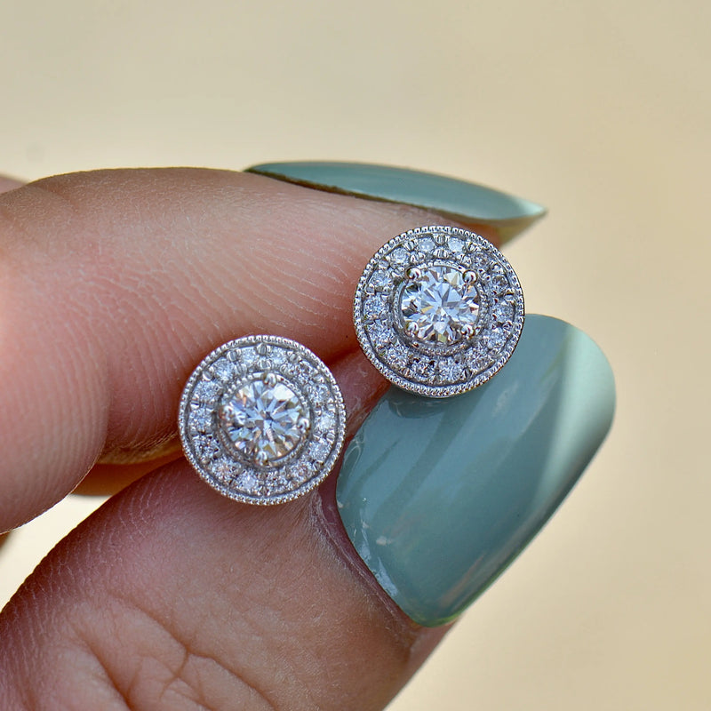 18ct White Gold 0.50ct Diamond Halo Stud Earrings with Milgrain Detail