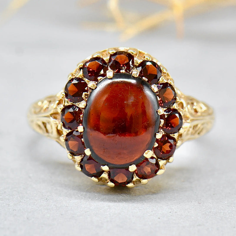 Vintage 1970s Garnet 9ct Yellow Gold Cluster Dress Ring