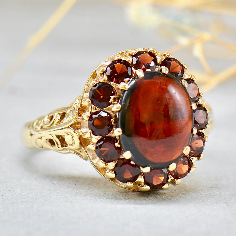 Vintage 1970s Garnet 9ct Yellow Gold Cluster Dress Ring