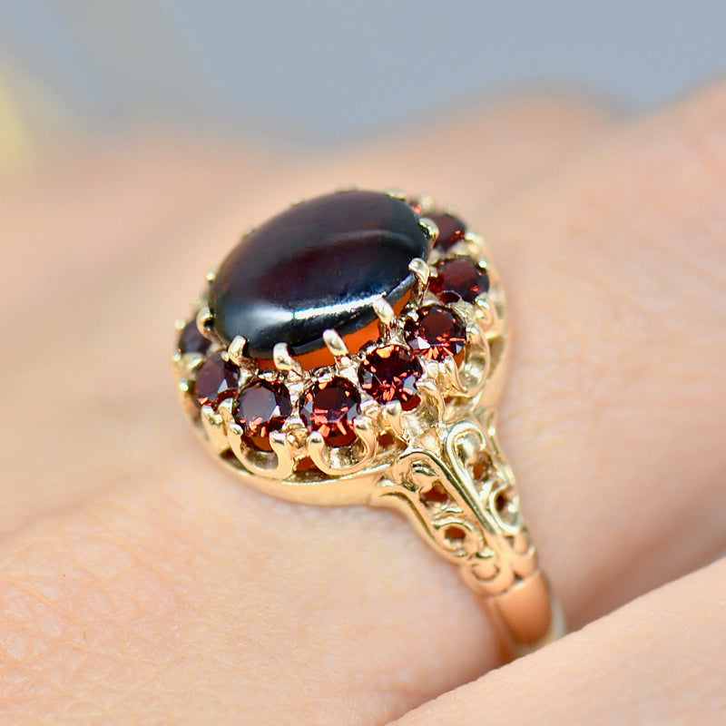 Vintage 1970s Garnet 9ct Yellow Gold Cluster Dress Ring