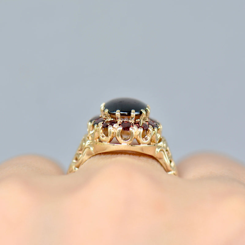 Vintage 1970s Garnet 9ct Yellow Gold Cluster Dress Ring