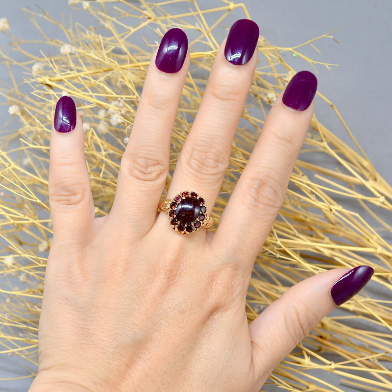 Vintage 1970s Garnet 9ct Yellow Gold Cluster Dress Ring