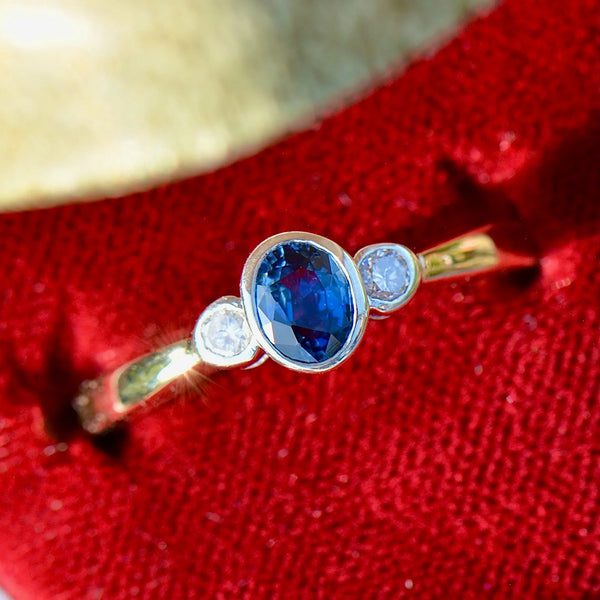 Vintage Sapphire and Diamond 9ct Yellow Gold Trilogy Engagement Ring