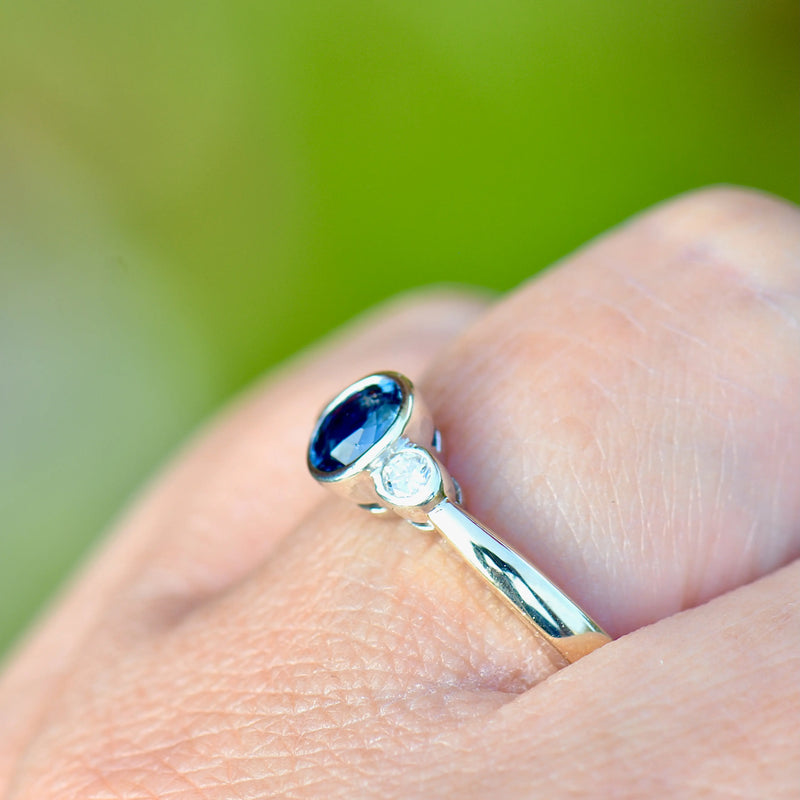 Vintage Sapphire and Diamond 9ct Yellow Gold Trilogy Engagement Ring