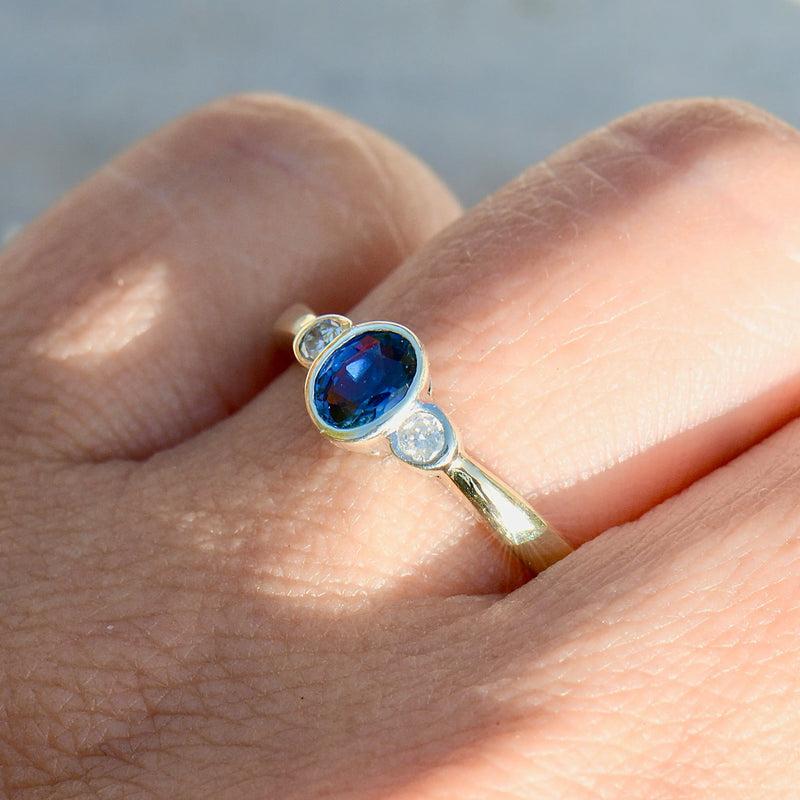 Vintage Sapphire and Diamond 9ct Yellow Gold Trilogy Engagement Ring