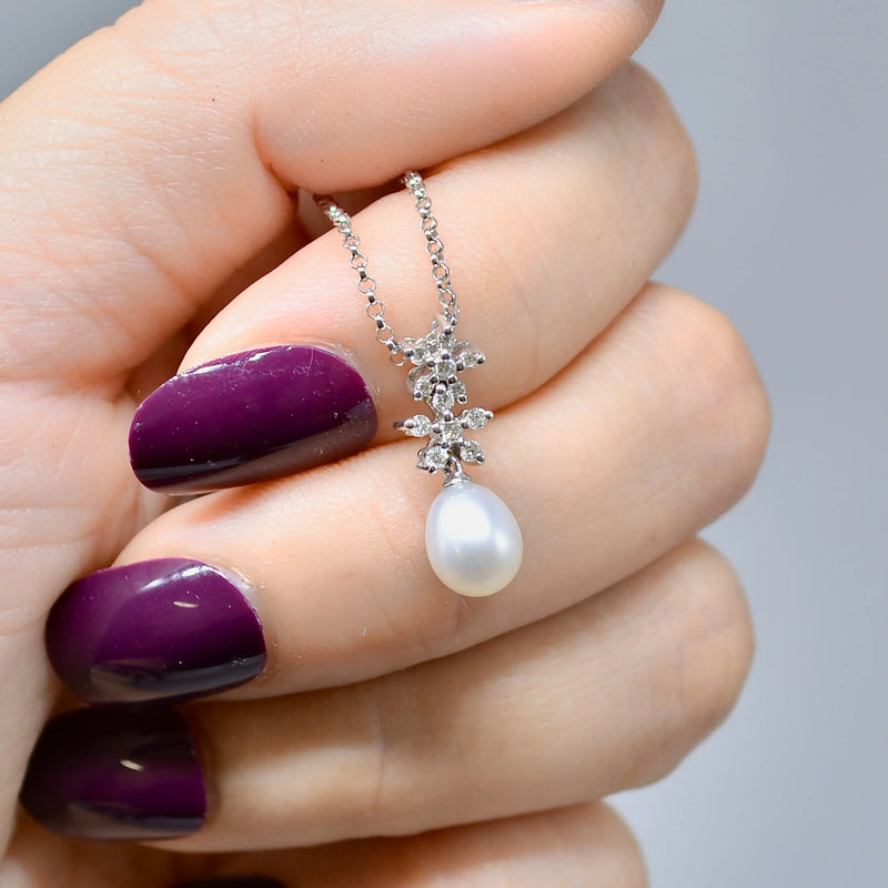 9ct White Gold Pearl & Diamond Snowflake Pendant Necklace