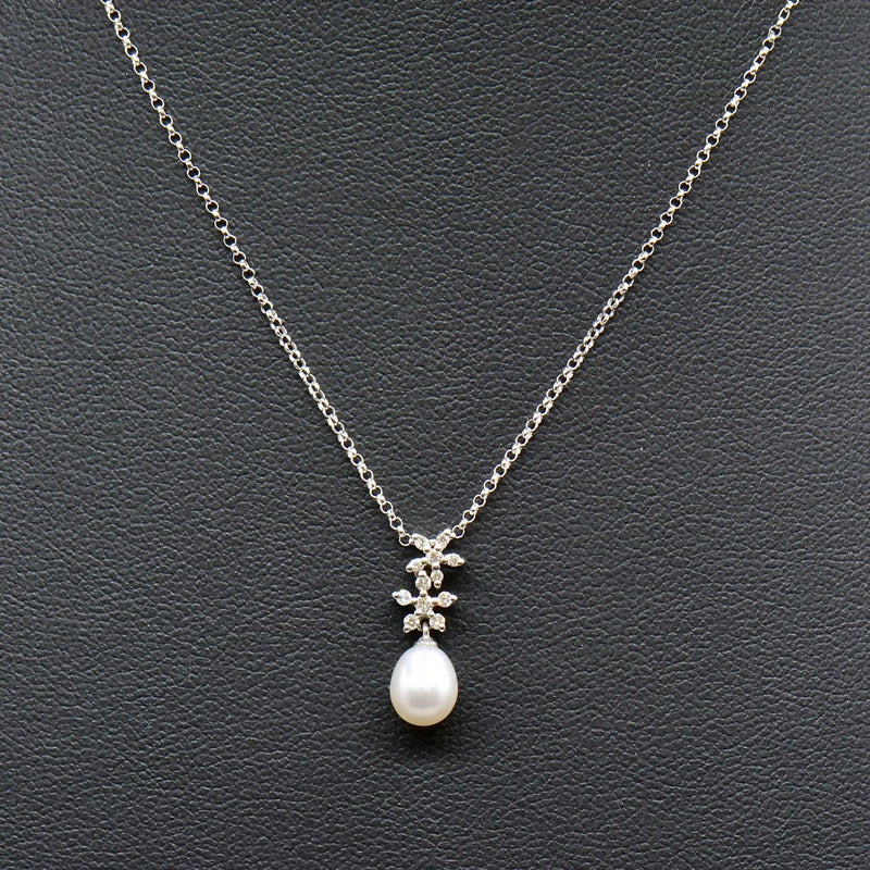 9ct White Gold Pearl & Diamond Snowflake Pendant Necklace