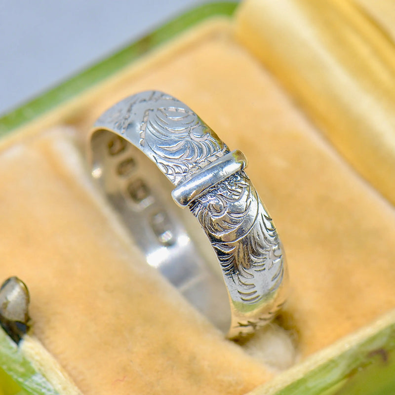 Antique Late Victorian Sterling Silver Engraved Buckle Ring