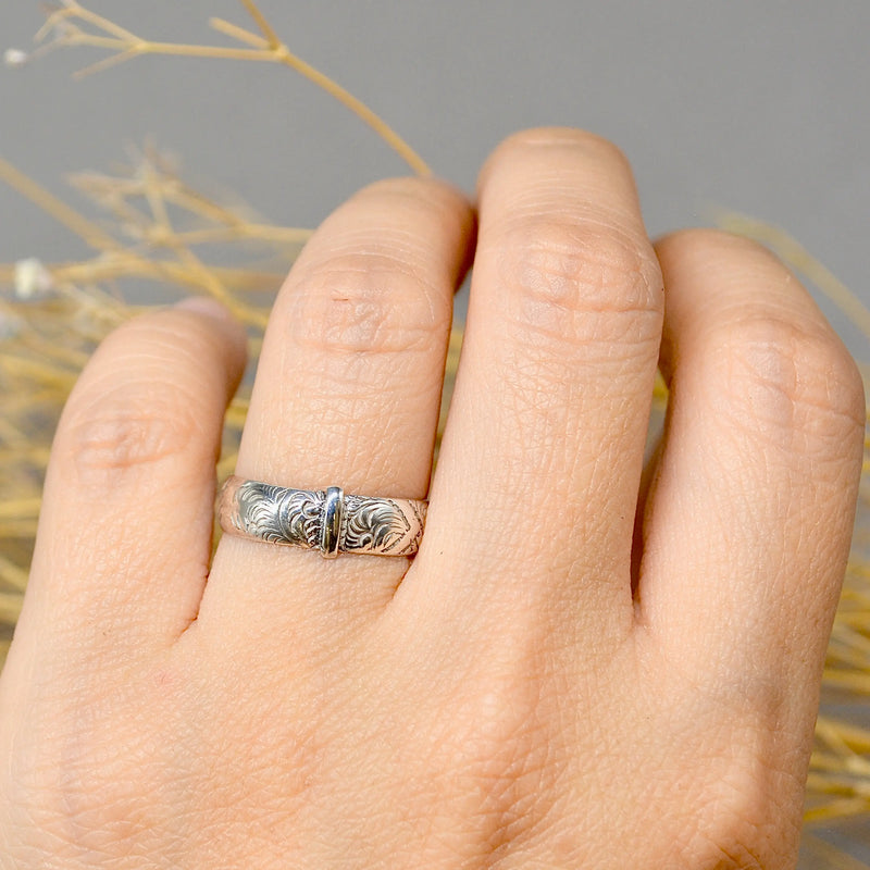 Antique Late Victorian Sterling Silver Engraved Buckle Ring