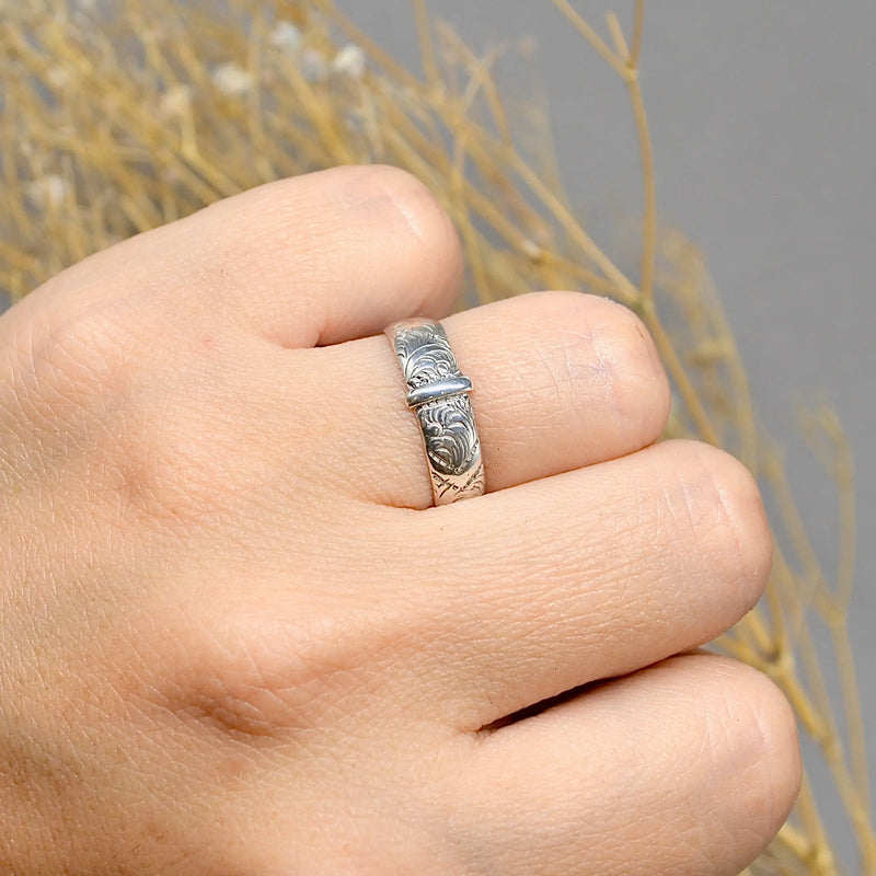 Antique Late Victorian Sterling Silver Engraved Buckle Ring