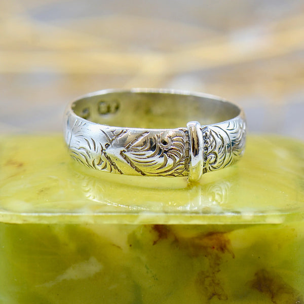 Antique Late Victorian Sterling Silver Engraved Buckle Ring