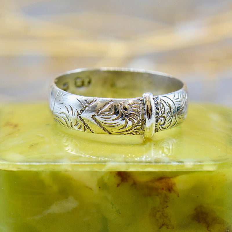 Antique Late Victorian Sterling Silver Engraved Buckle Ring