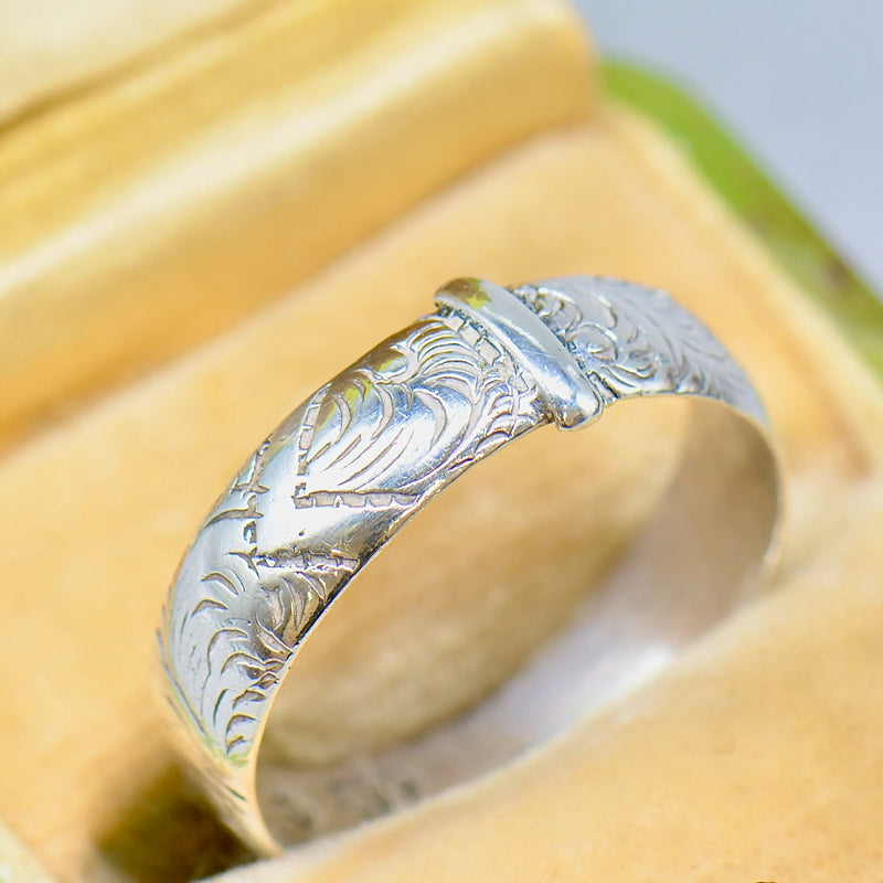 Antique Late Victorian Sterling Silver Engraved Buckle Ring