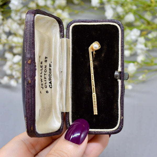 Vintage 1980s Pearl Set 9ct Yellow Gold Golf Brooch Boxed
