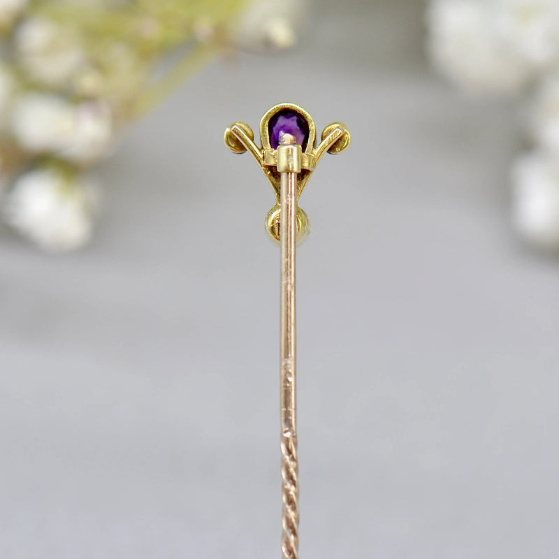 Victorian Purple Amethyst & Seed Pearl 15ct/9ct Yellow Gold Stick Pin/Lapel Pin/Tie Pin Boxed