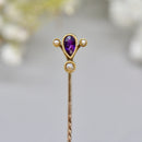 Victorian Purple Amethyst & Seed Pearl 15ct/9ct Yellow Gold Stick Pin/Lapel Pin/Tie Pin Boxed