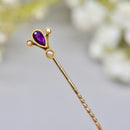 Victorian Purple Amethyst & Seed Pearl 15ct/9ct Yellow Gold Stick Pin/Lapel Pin/Tie Pin Boxed