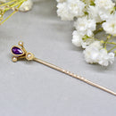 Victorian Purple Amethyst & Seed Pearl 15ct/9ct Yellow Gold Stick Pin/Lapel Pin/Tie Pin Boxed