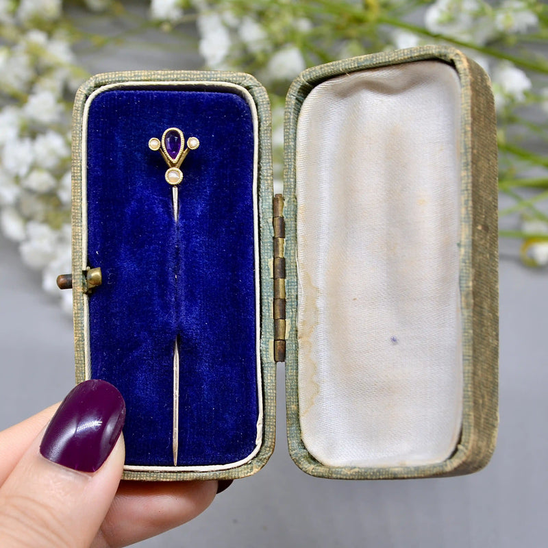 Victorian Purple Amethyst & Seed Pearl 15ct/9ct Yellow Gold Stick Pin/Lapel Pin/Tie Pin Boxed