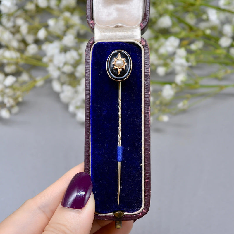 Antique Victorian 15ct/9ct Gold Banded Agate & Seed Pearl Star Stick Pin/Lapel Pin/Tie Pin Boxed