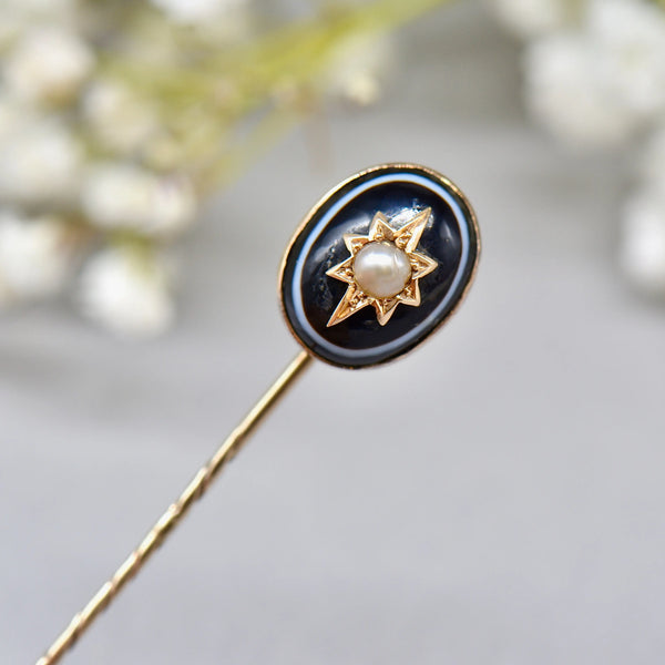 Antique Victorian 15ct/9ct Gold Banded Agate & Seed Pearl Star Stick Pin/Lapel Pin/Tie Pin Boxed