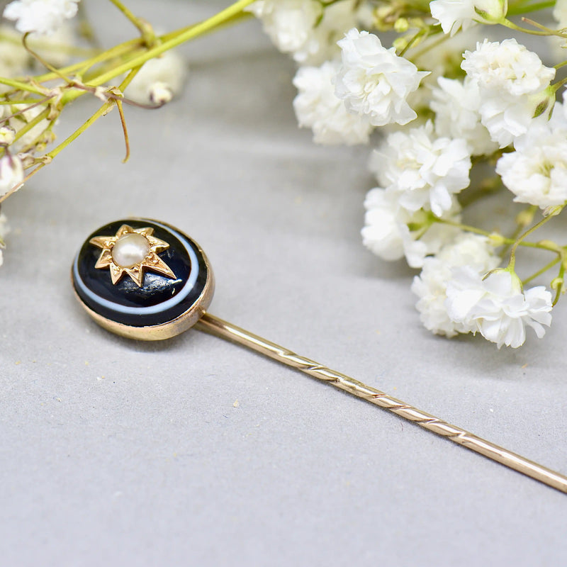 Antique Victorian 15ct/9ct Gold Banded Agate & Seed Pearl Star Stick Pin/Lapel Pin/Tie Pin Boxed