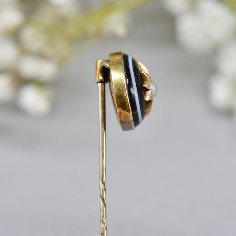 Antique Victorian 15ct/9ct Gold Banded Agate & Seed Pearl Star Stick Pin/Lapel Pin/Tie Pin Boxed