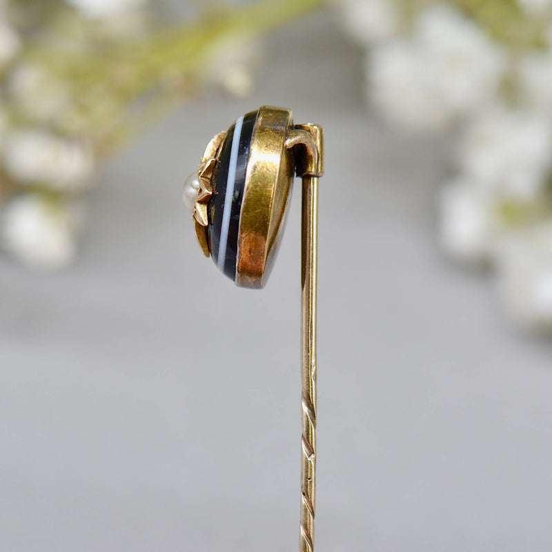 Antique Victorian 15ct/9ct Gold Banded Agate & Seed Pearl Star Stick Pin/Lapel Pin/Tie Pin Boxed