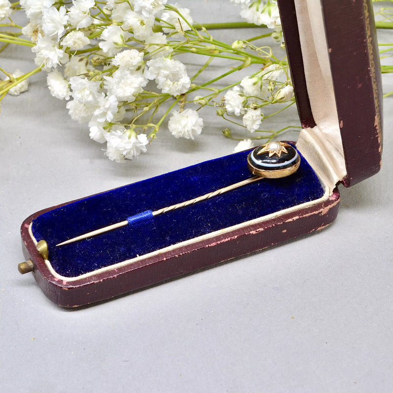 Antique Victorian 15ct/9ct Gold Banded Agate & Seed Pearl Star Stick Pin/Lapel Pin/Tie Pin Boxed