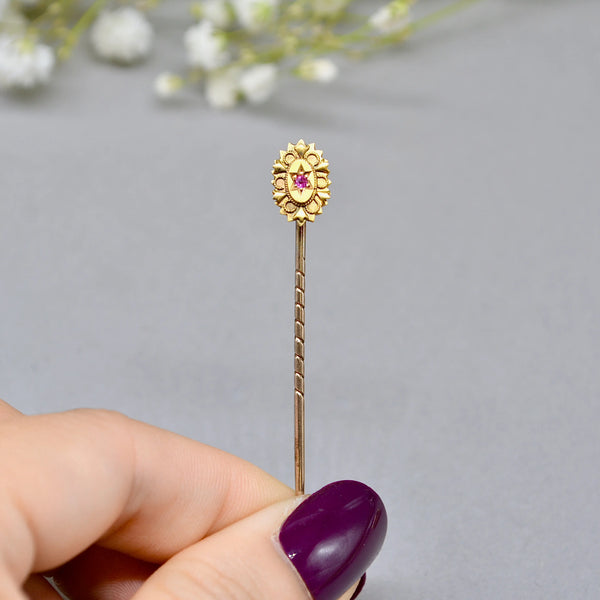 Antique Victorian Ruby 15ct/9ct Yellow Gold Stick Pin/Lapel Pin/Tie Pin