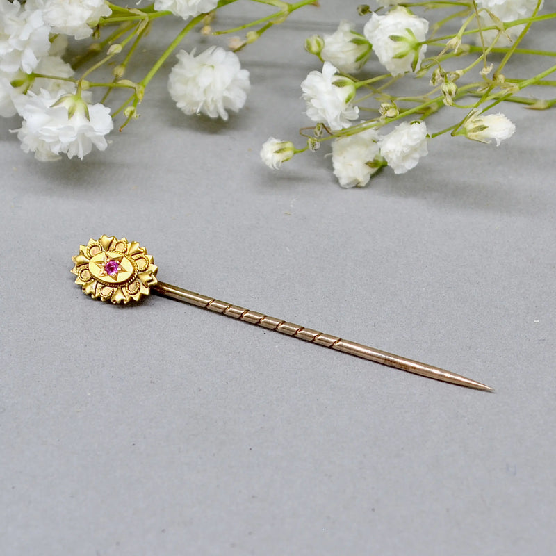 Antique Victorian Ruby 15ct/9ct Yellow Gold Stick Pin/Lapel Pin/Tie Pin
