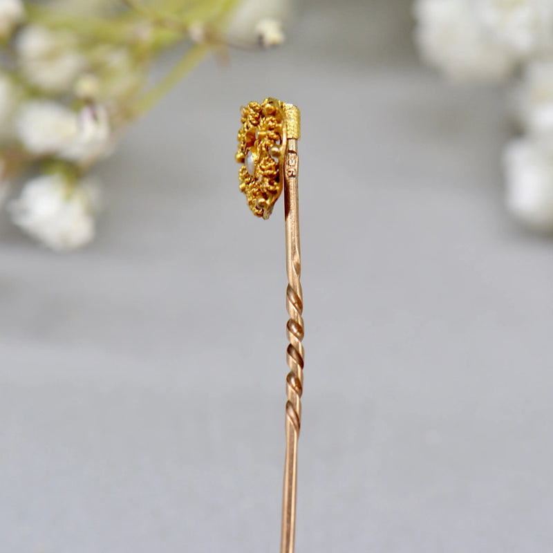 Antique Victorian 15ct/9ct Gold Textured Floral & Seed Pearl Stick Pin/Lapel Pin/Tie Pin Boxed
