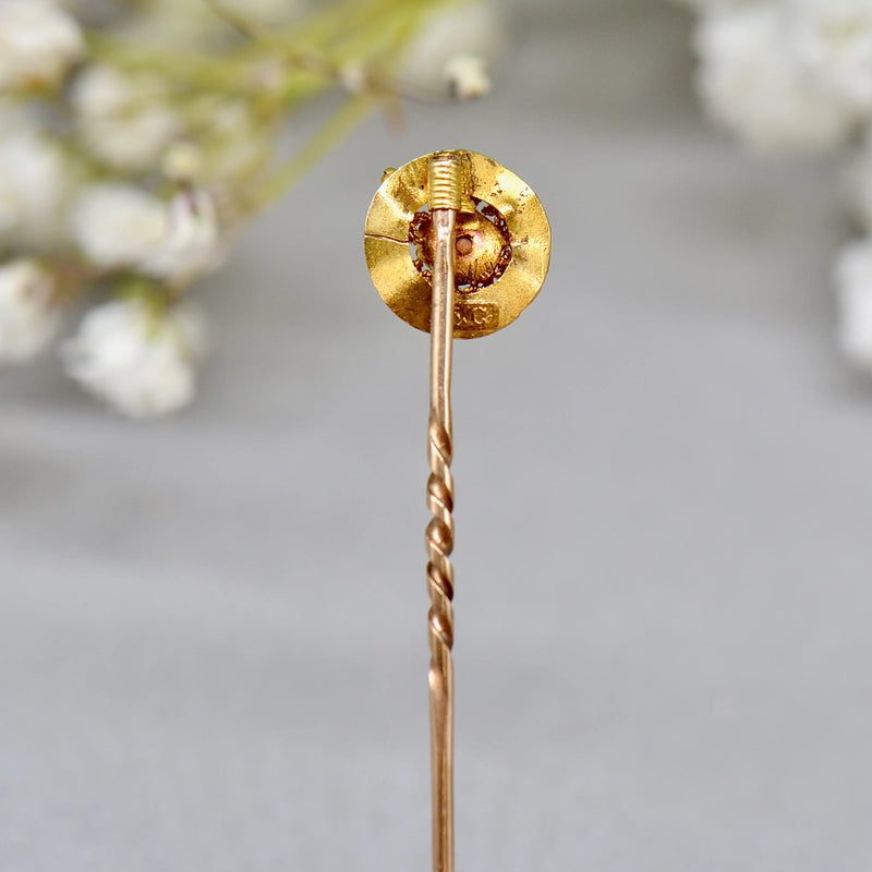 Antique Victorian 15ct/9ct Gold Textured Floral & Seed Pearl Stick Pin/Lapel Pin/Tie Pin Boxed