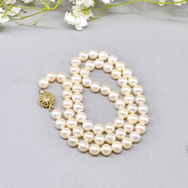 Vintage Akoya Pearl Necklace with 9ct Yellow Gold Flower Clasp (6.5–7 mm)