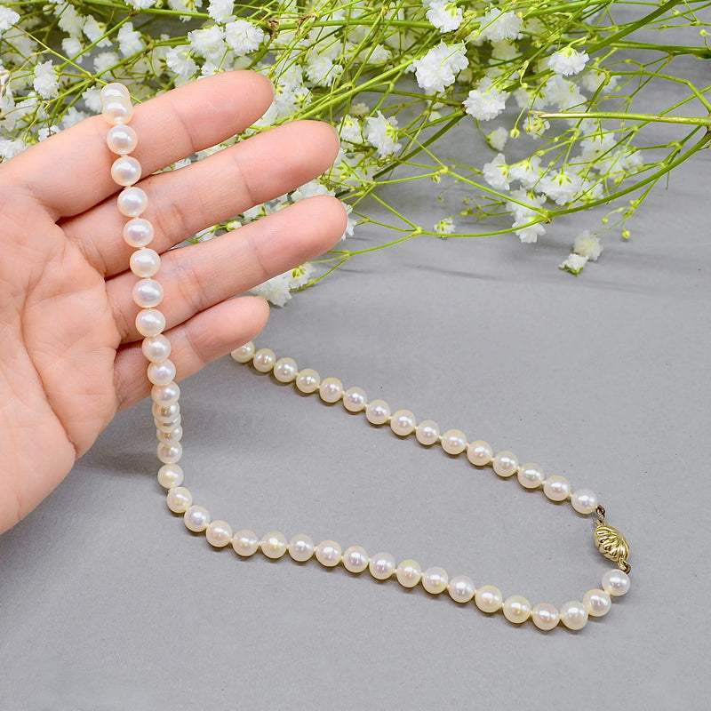 Vintage Akoya Pearl Necklace with 9ct Yellow Gold Flower Clasp (6.5–7 mm)