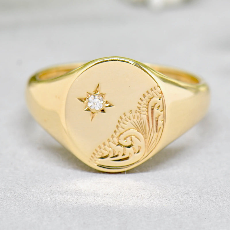 Vintage 1970s Diamond Star Signet Ring in 9ct Yellow Gold