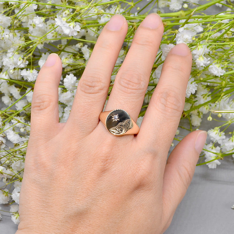 Vintage 1970s Diamond Star Signet Ring in 9ct Yellow Gold