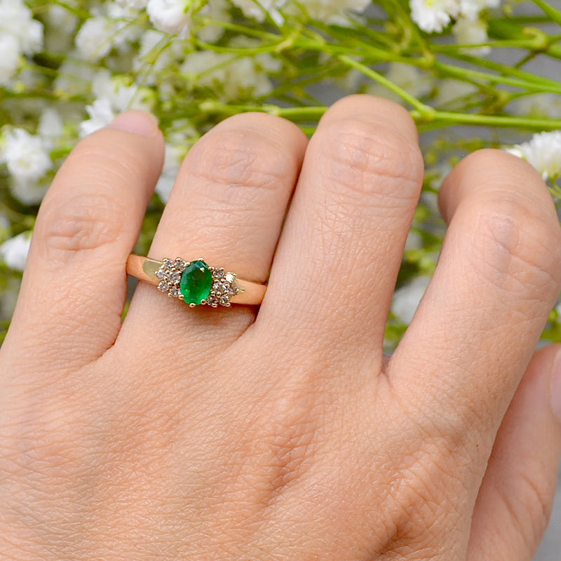 Vintage Emerald and Diamond 9ct Yellow Gold Ring