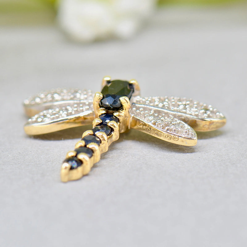 Sapphire and Diamond Dragonfly 9ct Yellow Gold Pendant