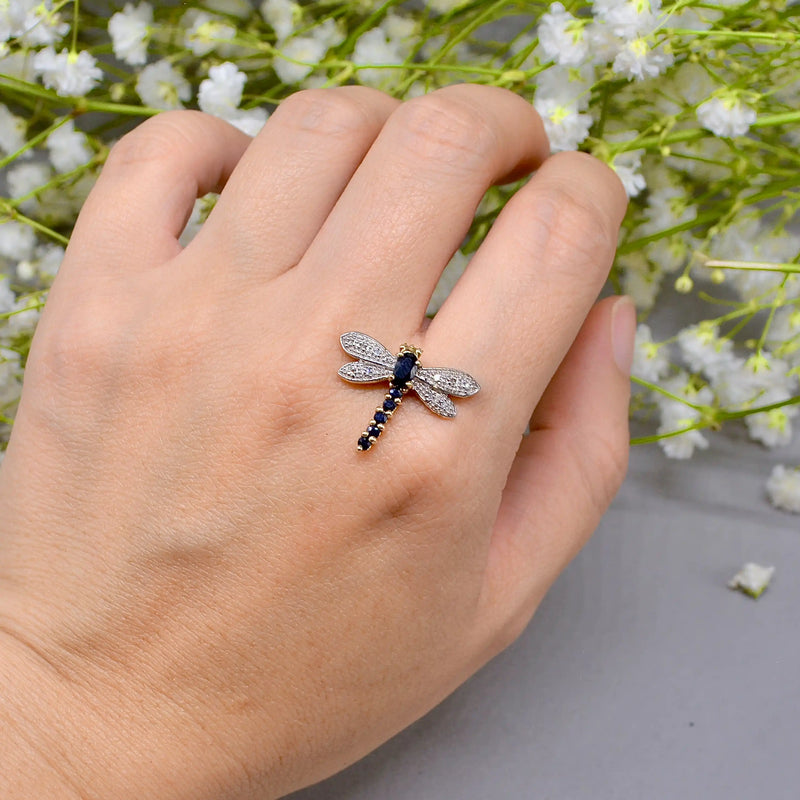Sapphire and Diamond Dragonfly 9ct Yellow Gold Pendant
