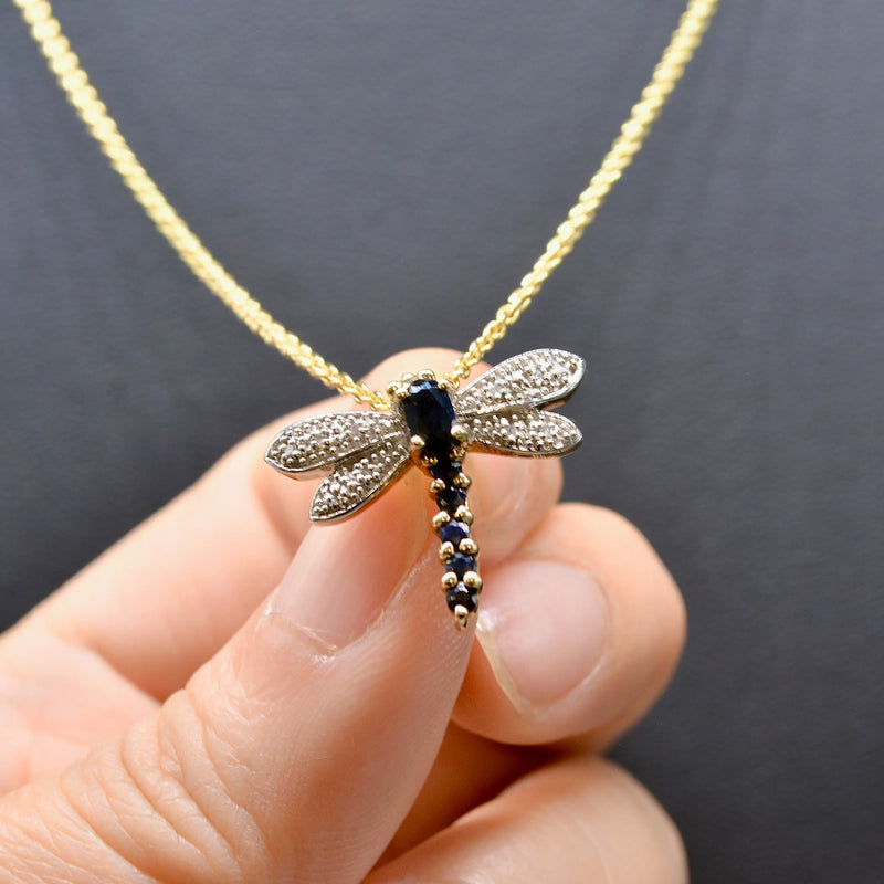 Sapphire and Diamond Dragonfly 9ct Yellow Gold Pendant